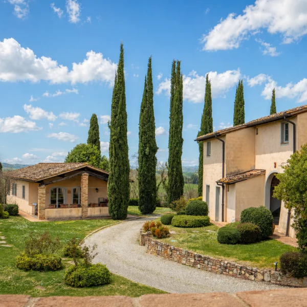 Cypress trees and buildings at Borgo della Meliana